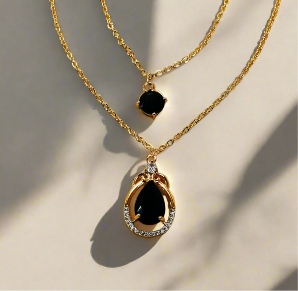 Golden Elegance: Double Necklace with Black Stone