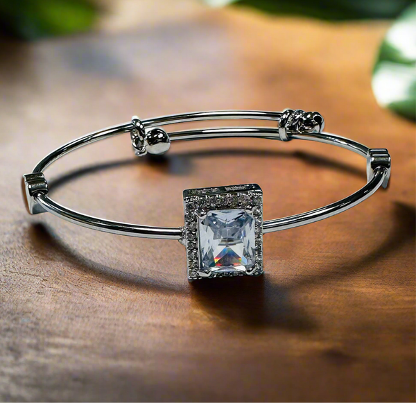 Elegant Rectangle White Stone Silver Bracelet