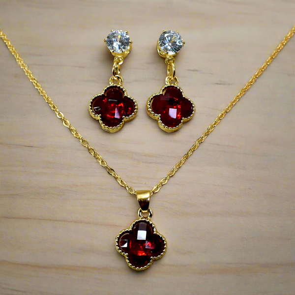 Ruby Luck: Red Four-Leaf Clover Necklace Set