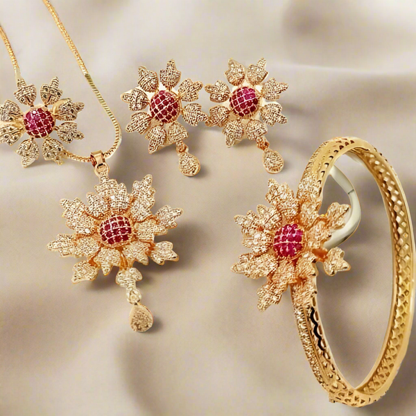 Lush Blossom: Golden Floral Combo Set with Red Stamen