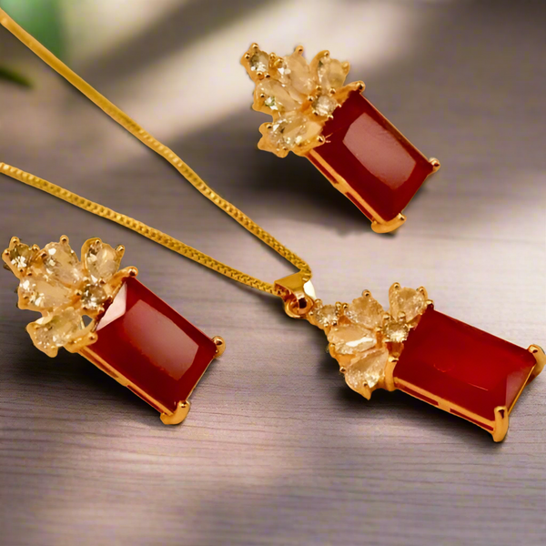 Regal Radiance: Gold-Plated Necklace Set with Cushion Cut Red Stone