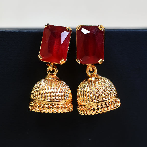 Radiant Red Stone Gold-Plated Jhumka Earrings