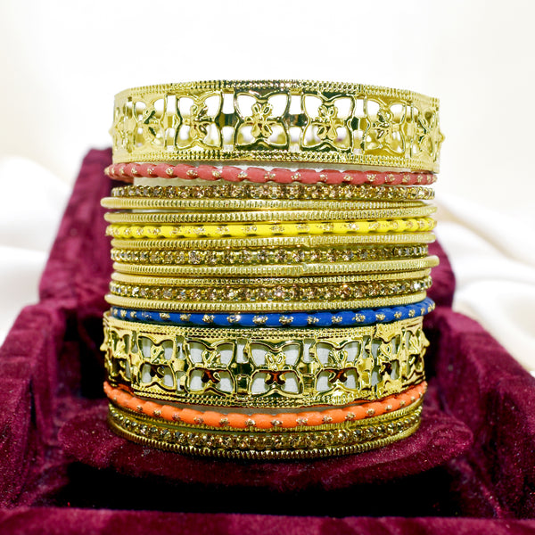 Elegant Indian Bangles: Radiant Gold with Multicolor Accents for a Vibrant Touch