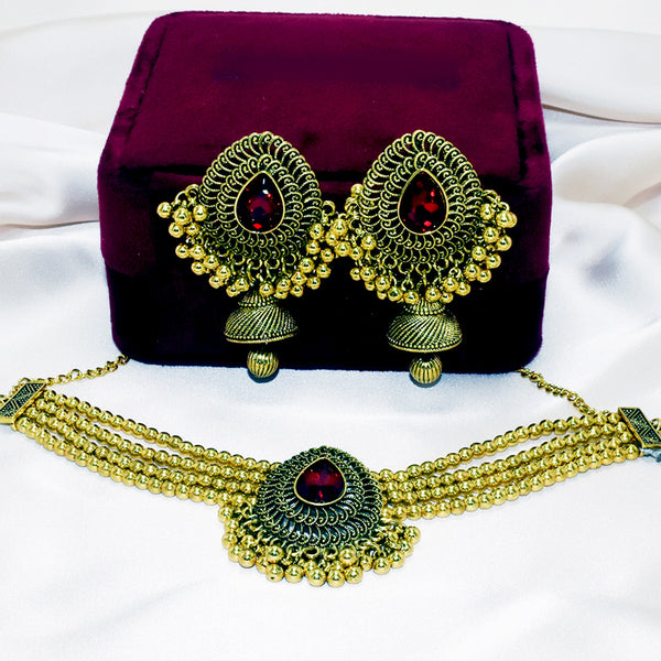 Gilded Elegance: Oxidized Golden Choker Set with Red Stone