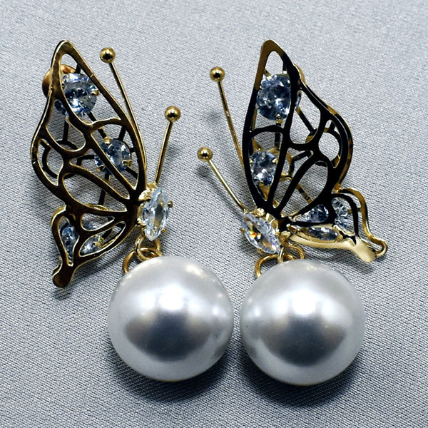 Butterfly Whimsy: Pearl Golden Jhumka Earrings