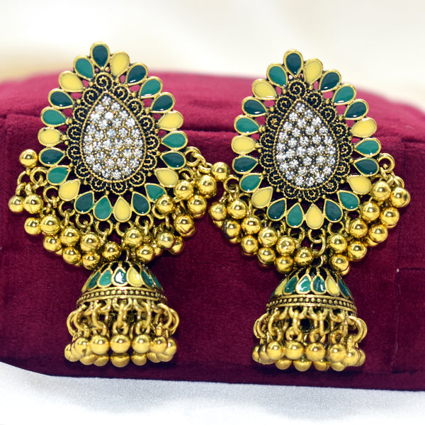 Heartfelt Radiance: Crystal Heart Green and Yellow Jhumka Earrings