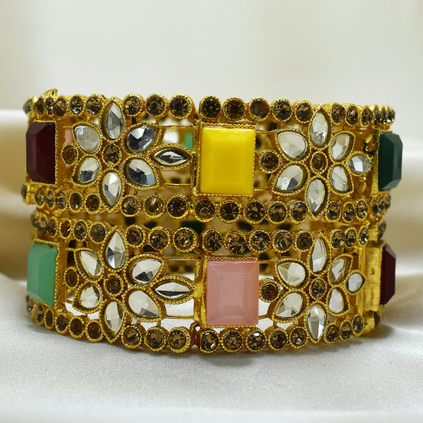 Set of Two Gold-Plated Bangles Embellished with Multicolor Stones: Vibrant Elegance