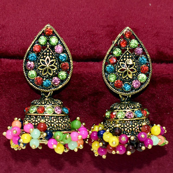 Leafy Radiance: Vintage Golden Multicolor Indian Jhumka Earrings