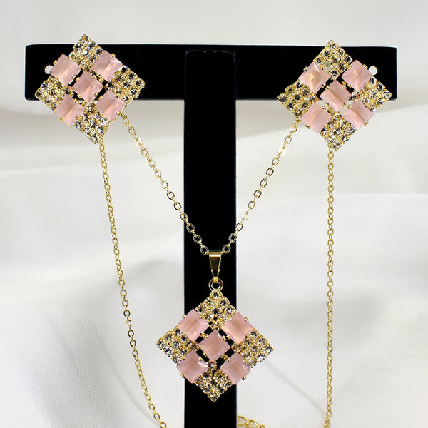 Monochrome Brilliance: Diamond-Shaped Pink and White Stones Necklace Set