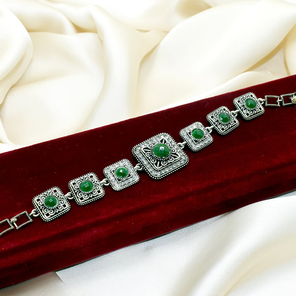 Antique Square Design Bracelet with Green Gems