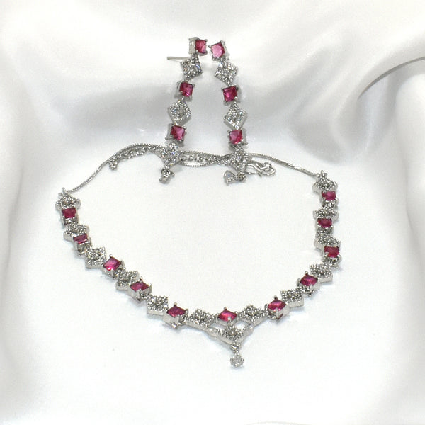 Pink Prism: Geometric AD Necklace Set with Pink Stone