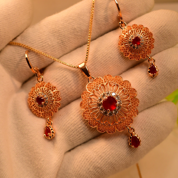 Luxurious Gold Plated Red Stone Necklace Set