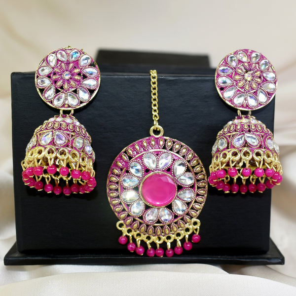 Pink Stone Mirror Tikka Set: Elegant Traditional Jewelry