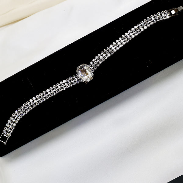 Rhinestone White-Stone Centered Silver Bracelet