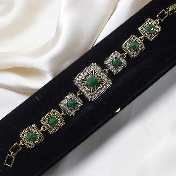 Antique Square Design Golden Bracelet with Green Gems