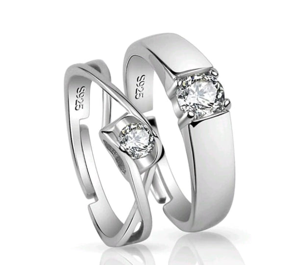 Elegant Silver Couple Rings with White Stone