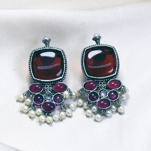 Oxidized Red Stone Indian Earrings