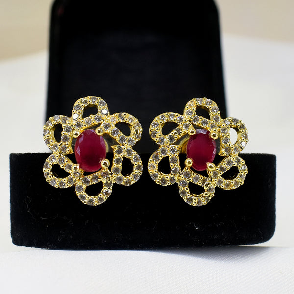 Radiant Bloom: Golden Flower AD Earring with Centered Red Stone