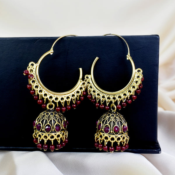 Oxidized Indian Jhumka with Maroon Beads: Classic Traditional Earrings