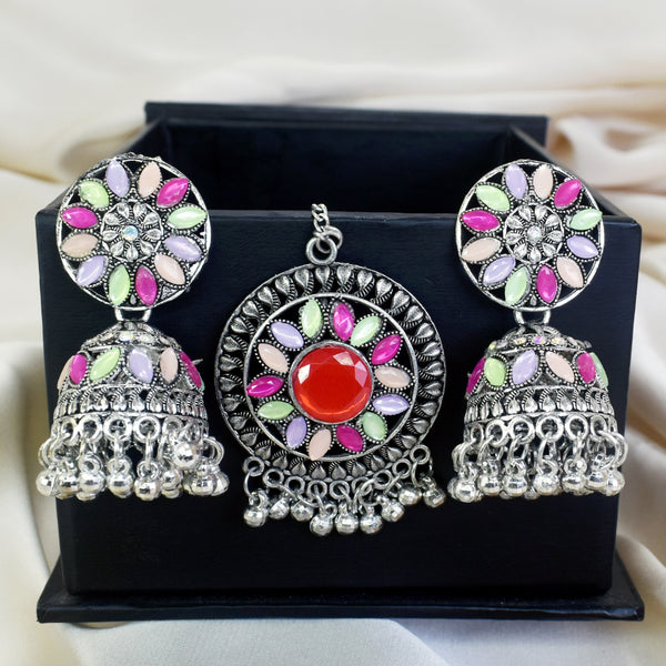 Elegant Silver Multicolor Tikka and Earrings Set