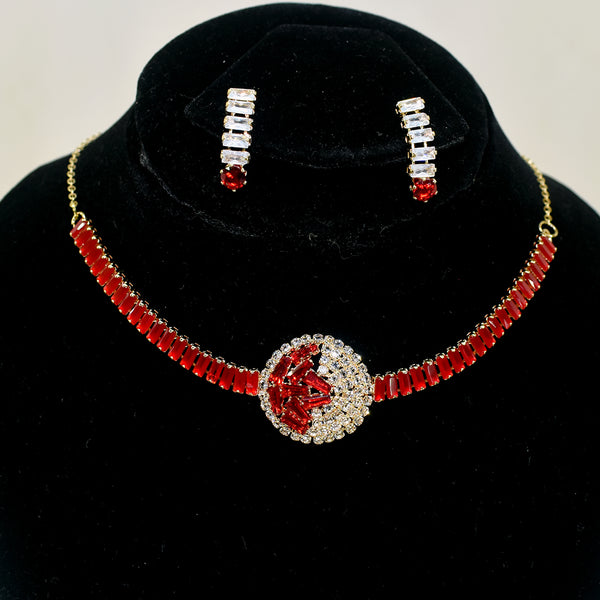 Crimson Charisma: Red Zircon Necklace Set with Embedded Golden Stones