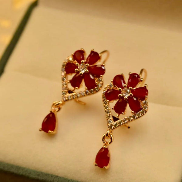 Elegant Maroon Bloom: Golden Flower Earrings with Maroon Stones