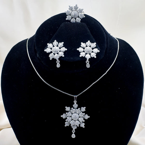 Silver Petal Bloom Combo Necklace Set