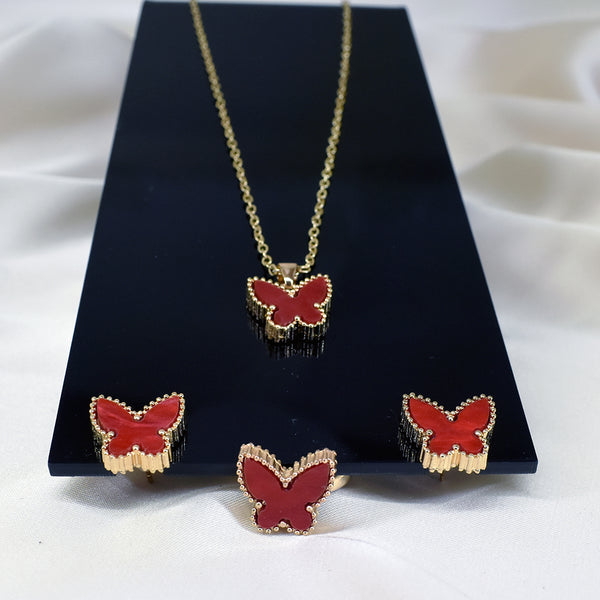 Crimson Flutter: Red Butterfly Necklace Set