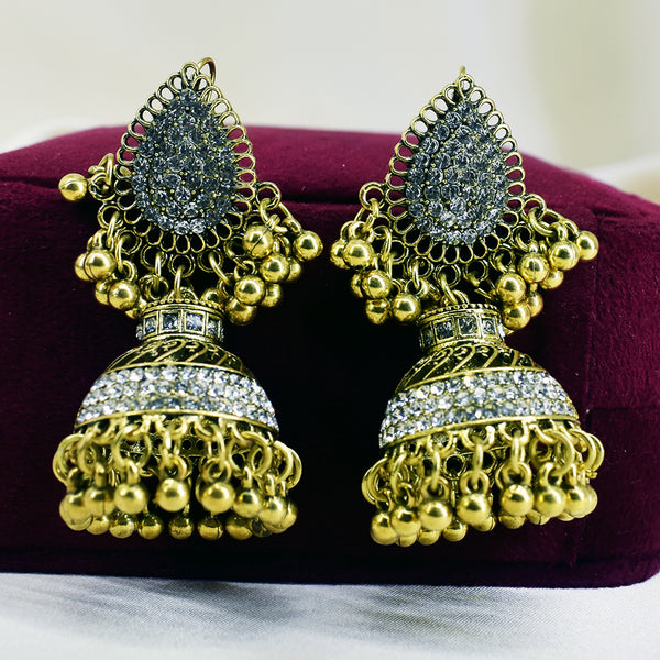 Gorgeous Golden Jhumka Earrings Adorned with Sparkling White Stones