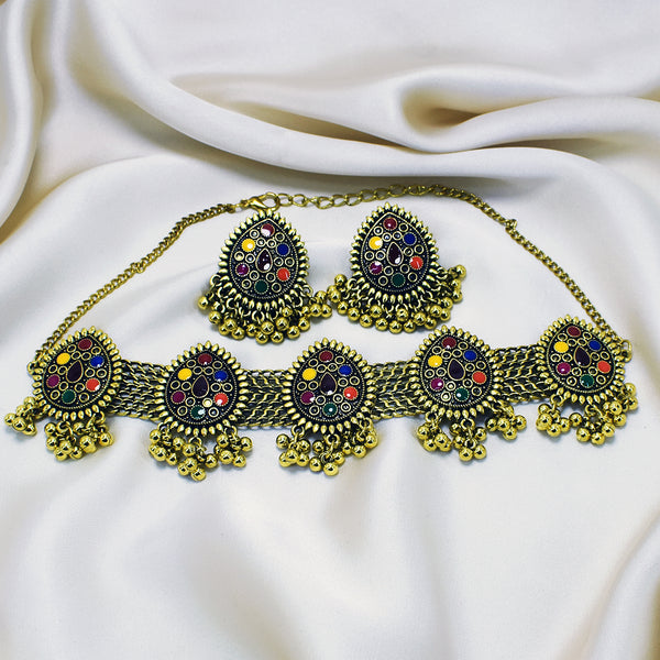 Oxidized Choker Set Golden with Multiolor Stones