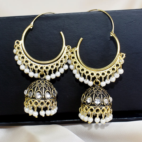 Oxidized Indian Jhumka with White Beads: Classic Traditional Earrings