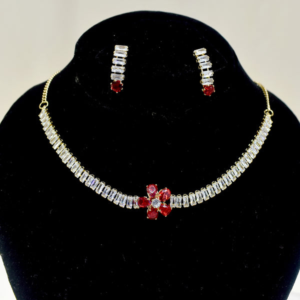 Monochrome Bloom: White Zircon Necklace Set with Red Flower Accent