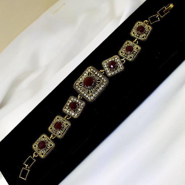 Antique Square Design Golden Bracelet with Red Gems