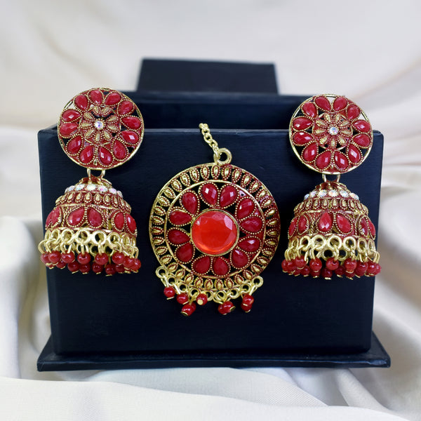 Red Stone Tikka Earrings Set: Elegant Traditional Ensemble