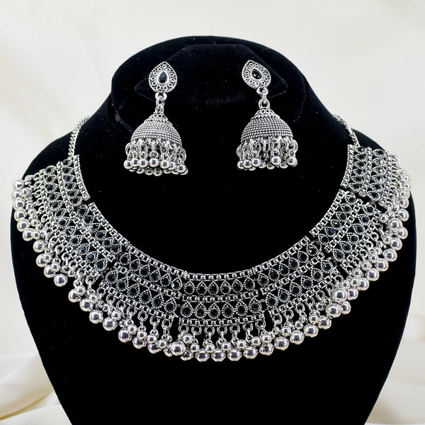 Radiant Silver Choker Set Adorned with Delicate Black Stones