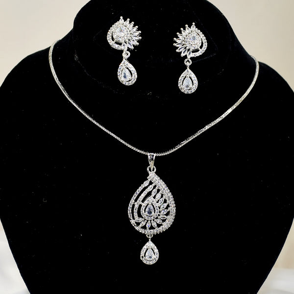 Pearl Elegance: Silver AD Necklace Set with Pear-Shaped Pendant